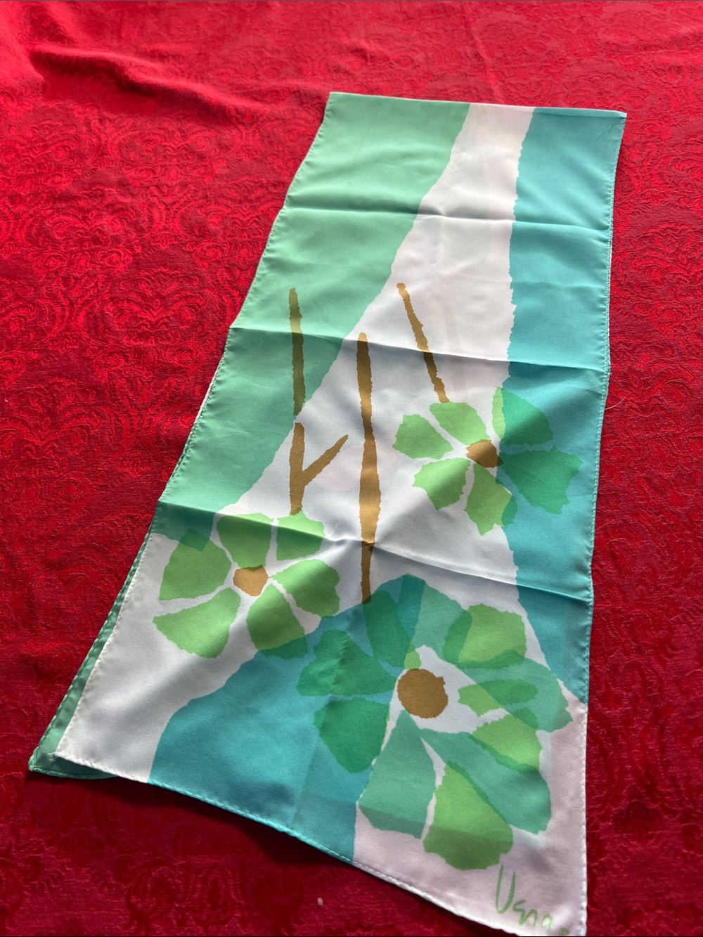 Vera Floral Scarf Green Teal White Gold 11x51 Vintage Style Lightweight Accessor
